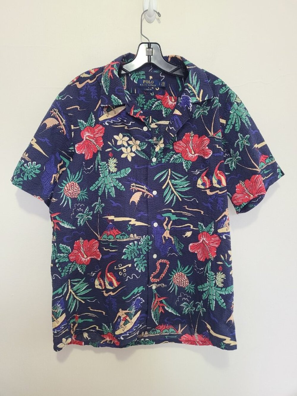 Polo Ralph Lauren Seersucker Floral Camp Shirt Hawaiian Print Blue size L